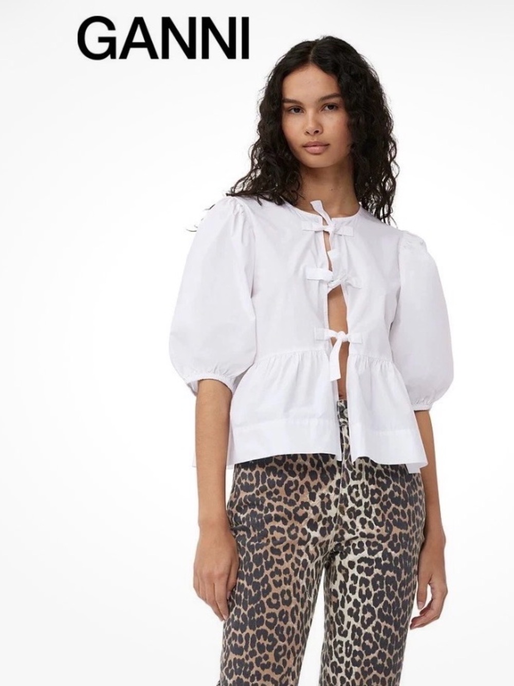 Ganni Top White Puff-Sleeve 3  Tie-Front
